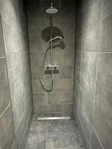 y baño con ducha con cabezal de ducha. en Gemütliche Unterkunft - Moin Moin 2, en Schleswig