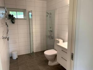 a bathroom with a toilet and a shower and a sink at Mellby Kite Surf Villa in Mellbystrand