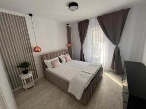 a bedroom with a bed and a large window at Lira Holiday Apartments in Satu Mare
