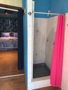 La salle de bains est pourvue d'une douche avec rideau de douche rose. dans l'établissement A TOMO MAI Homestay, à Fa'a'ā