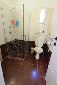 a bathroom with a toilet and a glass shower at הטרקלין של שלמה. דירה יפה וחדשה 5 דקות נסיעה מהים in Ashkelon