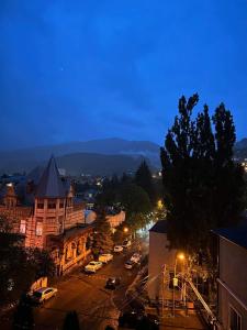 a city at night with cars parked on a street at Ananiko in Borjomi