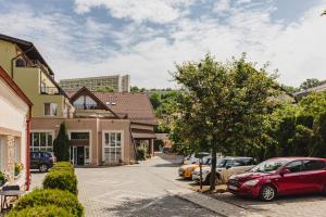 a street with cars parked in a town at Schiller Studio 64 - free private parking in Braşov