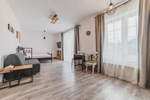 a living room with a couch and a large window at Schiller Studio 64 - free private parking in Braşov
