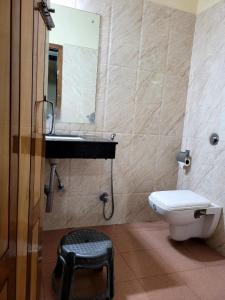 ein Badezimmer mit einem Waschbecken, einem WC und einem Spiegel in der Unterkunft Hotel Tawang Inn in Tawang