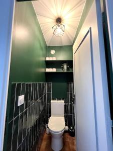 a bathroom with a toilet and a green wall at Luminous appartment in Paris with balcony in Aubervilliers