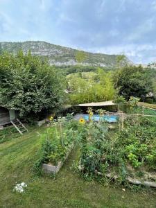 a garden with some plants in the grass at La tiny house de Chaparon in Lathuile