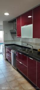 a kitchen with red cabinets and a stainless steel sink at Camino de la Sierra Parking y Mascotas in La Zubia