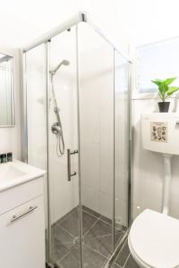 Ziv Apartments - Gottlieb 4 في تل أبيب: دش في حمام مع مرحاض ومغسلة