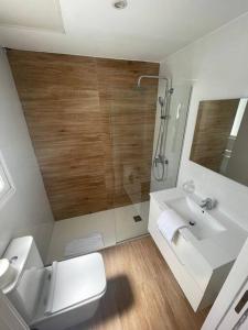 a bathroom with a shower and a toilet and a sink at Apartamento céntrico de diseño en calle Tres Forques,Valencia in Valencia