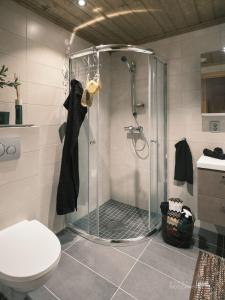a bathroom with a shower and a toilet at Beautiful apartment - high standard - Geilo centre in Geilo