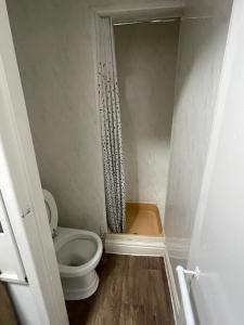 a small bathroom with a toilet and a shower at Manhattan Hotel in Blackpool