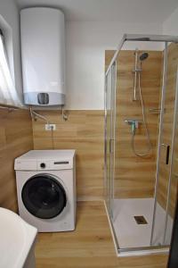 een badkamer met een wasmachine en een douche bij Fevri 109 in Madonna di Campiglio