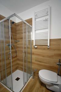 een badkamer met een toilet en een glazen douche bij Fevri 109 in Madonna di Campiglio