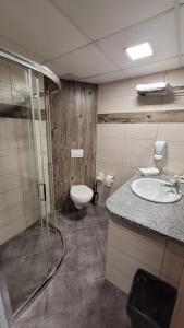 a bathroom with a shower and a sink and a toilet at euroHOTEL Sosnowiec Kazimierz in Sosnowiec