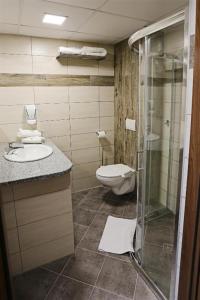 ソスノヴィエツにあるeuroHOTEL Sosnowiec Kazimierzのバスルーム(トイレ、ガラス張りのシャワー付)