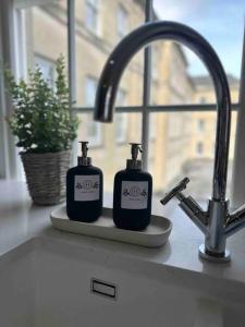 two soap bottles sitting on a counter next to a sink at Haus of Sulis, City Centre Apartment with Lift Access in Bath