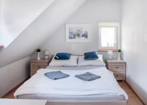 シュクラルスカ・ポレンバにあるPokoje Gościnne Izabelaのベッドルーム(白いベッド、青い枕付)