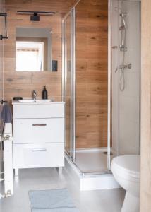 a bathroom with a shower and a sink and a toilet at Pokoje Gościnne Izabela in Szklarska Poręba