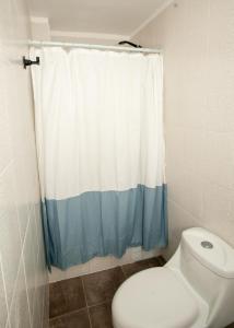 y baño con aseo y cortina de ducha. en Casa Recreo, en Viña del Mar