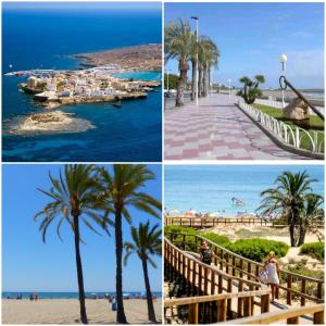 four different views of the beach and the ocean at Casa planta baja in Elche