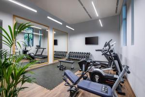 a gym with treadmills and ellipticals in a room at Tbilisi Philharmonic Hotel by Mercure in Tbilisi City
