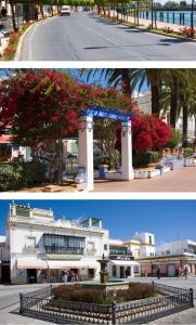 two pictures of a building and a street with flowers at La Colina Golf & Beach in Huelva