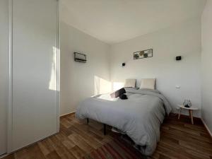 ein weißes Schlafzimmer mit einem Bett und einem Spiegel in der Unterkunft Le Thomeryon 10 minutes de Fontainebleau in Thomery