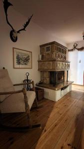 sala de estar con chimenea y sofá en großes Berg-Chalet in der Natur, en Bayrischzell