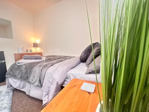 ein Schlafzimmer mit einem Bett und einem Tisch mit einer Pflanze in der Unterkunft Moor Park Apartments in Preston