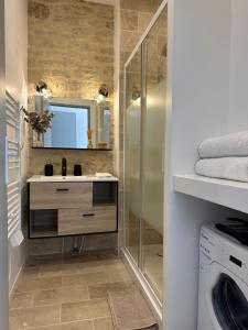 uma casa de banho com um lavatório e um espelho em La Cabotte - Confort & Charme au Centre Historique - Balcon sur cour em Dijon