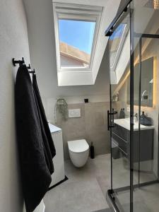 een badkamer met een toilet, een wastafel en een raam bij Stylisches Apartment in zentraler Lage - mit Klima in Karlsruhe
