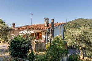 a small white house with a mountain in the background at Villa gli Olivi Country House in Pescia