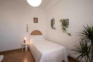 a white room with a bed and a table and plants at LC Apartaments Av del Mar in Castellón de la Plana