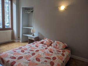 ein Schlafzimmer mit einem Bett, einer Lampe und einem Fenster in der Unterkunft Appartement et salle de jeu in Saint-Claude