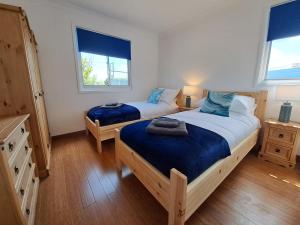 a bedroom with two beds and two windows at River View - Norfolk Broads in Brundall