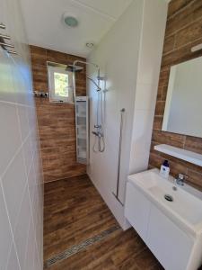 a bathroom with a sink and a shower at Bed & Breakfast Inn Drenthe in Fluitenberg +17 photos