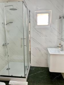 La salle de bains est pourvue d'une douche en verre et d'un lavabo. dans l'établissement Villa Olive Tree with Private Pool, à Luštica