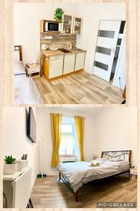 奧洛穆茨的住宿－Private apartment - Park Olomouc - super lokalita，一张床位和厨房的卧室两张图片