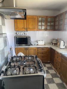 a kitchen with a stove and a microwave at Hospedaje de la vita in Punta Arenas