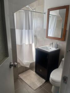 y baño con lavabo, aseo y espejo. en Hospedaje de la vita, en Punta Arenas