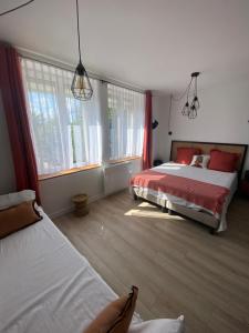 een slaapkamer met 2 bedden en 2 ramen bij Saint Charles in Orléans