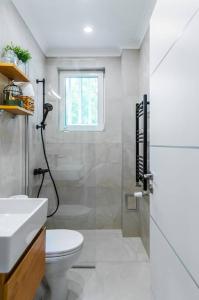 a bathroom with a shower and a toilet and a sink at Lozenets Apartment in Sofia