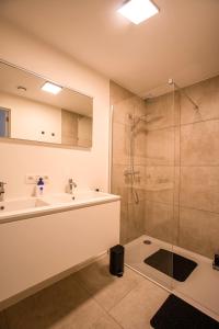a bathroom with a sink and a shower at Modern en gezellig appartement vlak aan het strand in Blankenberge