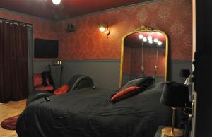 a bedroom with a bed with a large mirror at L'Un Des Sens in Châtel-Guyon