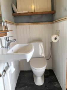 a bathroom with a white toilet and a sink at Sjöstuga, Archipelago Beach House in Värmdö