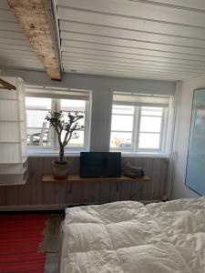 a bedroom with a bed and two windows at Timberframe house near Marstal Harbour in Marstal