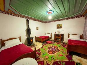 TepelenëにあるGuesthouse on Canyonの緑の天井が特徴の客室で、ベッド2台が備わります。