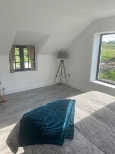 a bedroom with a bed and a window and a tripod at Shannon Castle Holiday Cottages - Type D 