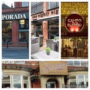 a collage of photos of different shops and buildings at Modern 3-bed stay-away-home sleeps 6 nr Manchester in Manchester